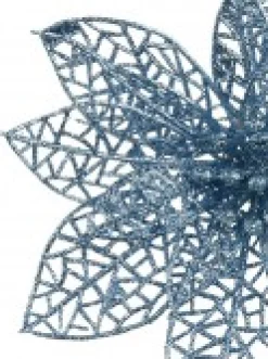 Christmas Warehouse Blue Glitter Netted Vein Leaf Poinsettia Decorative Christmas Flower Pick - 14Cm><noscript><img width=