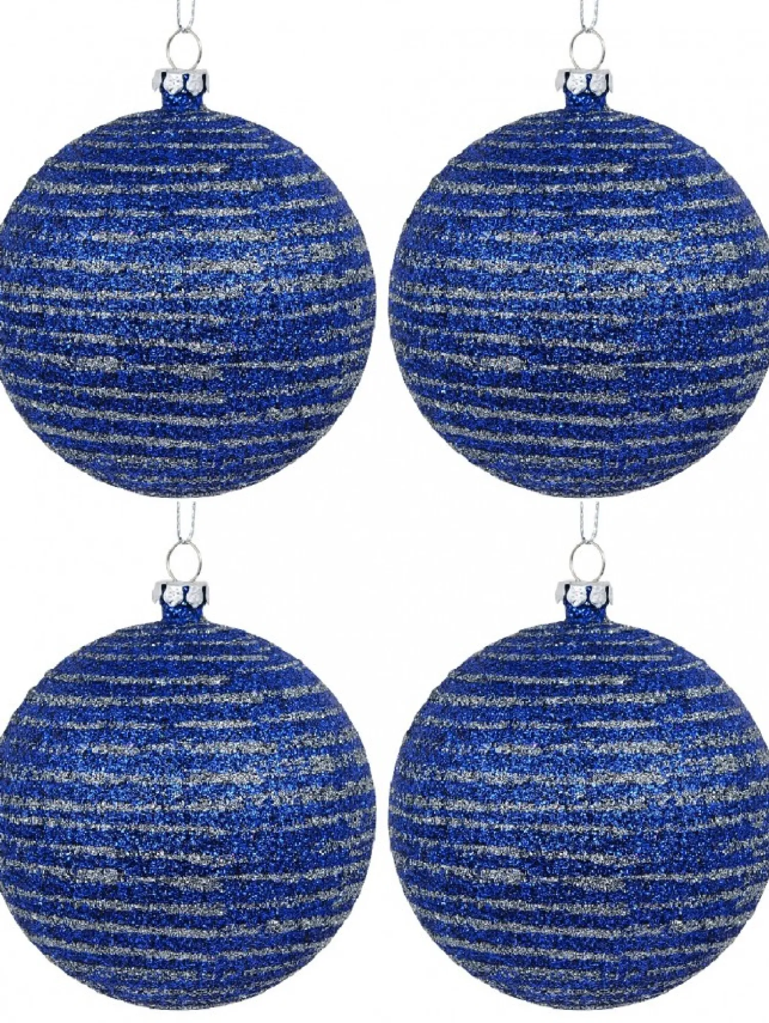 Christmas Warehouse Blue Glittered Christmas Baubles With Silver Glittered Stripes - 4 X 80Mm> Bauble Packs