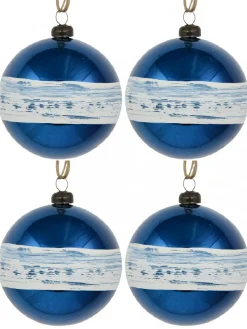 Christmas Warehouse Blue Gloss Christmas Bauble Decorations With Cream Stripe Band - 4 X 80Mm> Bauble Packs