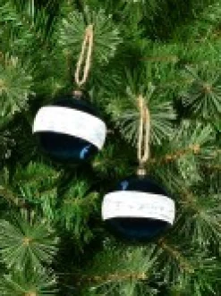 Christmas Warehouse Blue Gloss Christmas Bauble Decorations With Cream Stripe Band - 4 X 80Mm><noscript><img width=