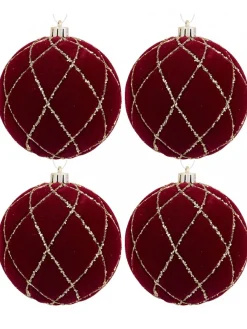 Christmas Warehouse Burgundy Velvet Baubles With Diamond Pattern Gold Sequin Lines - 4 X 10Cm> Bauble Packs