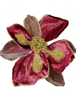 Christmas Warehouse Burgundy With Gold Glitter Magnolia Decorative Christmas Flower Pick - 22Cm> Christmas Picks