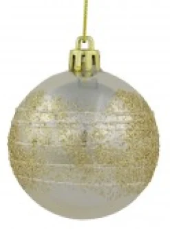 Christmas Warehouse Champagne Pearl Baubles With Gold Glitter & White Stripes - 12 X 60Mm><noscript><img width=