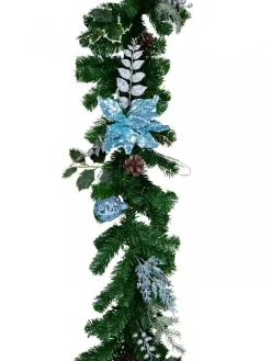 Christmas Warehouse Decorated Blue Poinsettia, Pine Cone, Foliage & Baubles Pine Garland - 2.7M> Christmas Garlands