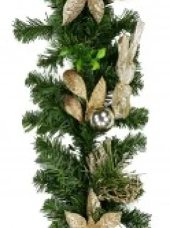 Christmas Warehouse Decorated Gold & Champagne Mixed Foliage & Floral Christmas Pine Garland - 1.8M><noscript><img width=
