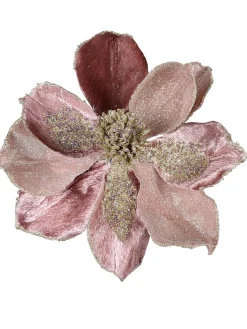 Christmas Warehouse Dusty Rose & Champagne Glitter Magnolia Christmas Flower Pick - 22Cm> Christmas Picks