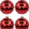 Christmas Warehouse Festive Red Gloss Christmas Bauble Decorations With Glitter Stripes - 6 X 70Mm> Bauble Packs