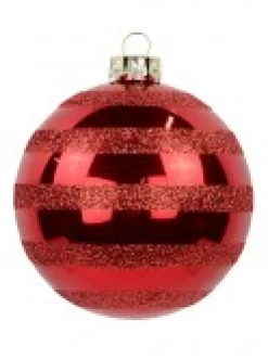 Christmas Warehouse Festive Red Gloss Christmas Bauble Decorations With Glitter Stripes - 6 X 70Mm><noscript><img width=