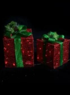 Christmas Warehouse Glittered Red Mesh 3D Gift Boxes With Bow & Warm White Led Lights - 30Cm> Christmas Light Displays - 3D