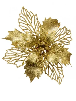 Christmas Warehouse Gold Glitter Petal & Leaf Poinsettia Decorative Christmas Flower Pick - 18Cm> Christmas Picks