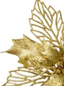 Christmas Warehouse Gold Glitter Petal & Leaf Poinsettia Decorative Christmas Flower Pick - 18Cm><noscript><img width=