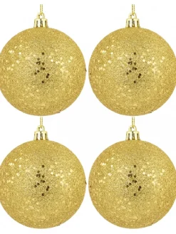 Christmas Warehouse Gold Metallic Sequins & Glitter Coated Christmas Baubles - 4 X 80Mm> Bauble Packs
