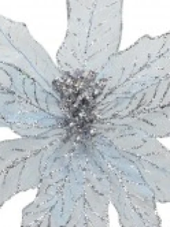 Christmas Warehouse Light Baby Blue Glittered Mesh Leaf Poinsettia Christmas Flower Pick - 28Cm><noscript><img width=