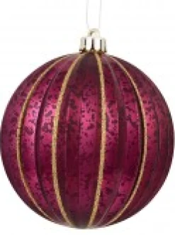 Christmas Warehouse Matte & Shiny Burgundy Baubles With Antique Finish & Glitter Lines - 4 X 10Cm> Bauble Packs