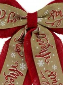 Christmas Warehouse Merry Christmas On Natural & Red Hessian Christmas Bow Decoration - 35Cm> Christmas Bows
