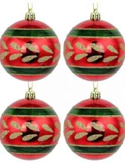 Christmas Warehouse Metallic Red Christmas Baubles With Gold Glitter & Green Patterns - 4 X 80Mm> Bauble Packs