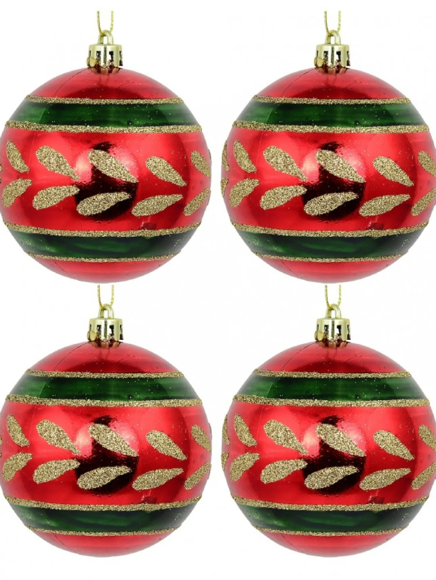 Christmas Warehouse Metallic Red Christmas Baubles With Gold Glitter & Green Patterns - 4 X 80Mm> Bauble Packs