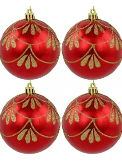 Christmas Warehouse Metallic Red Christmas Baubles With Gold Glitter Ornate Design - 4 X 80Mm> Bauble Packs