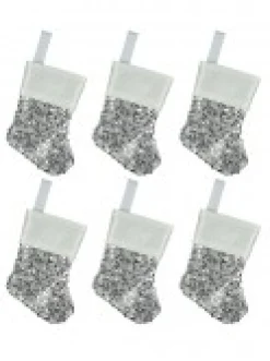 Christmas Warehouse Mini Silver Sequin Christmas Stocking Hanging Decorations - 6 X 15Cm> Hanging Decorations - Packs