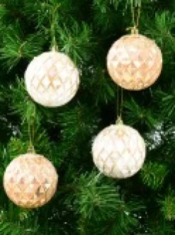 Christmas Warehouse Pearlised Rose Gold & White Textured Baubles With Glitter & Sequins - 4 X 80Mm><noscript><img width=