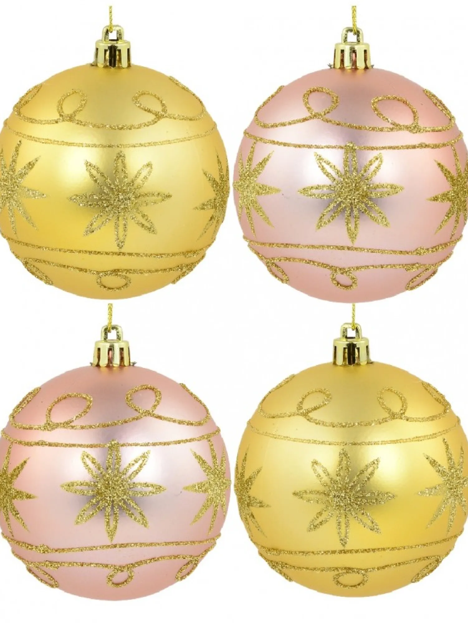 Christmas Warehouse Pink & Gold Christmas Baubles With Gold Glitter Stars & Swirls - 4 X 80Mm> Bauble Packs