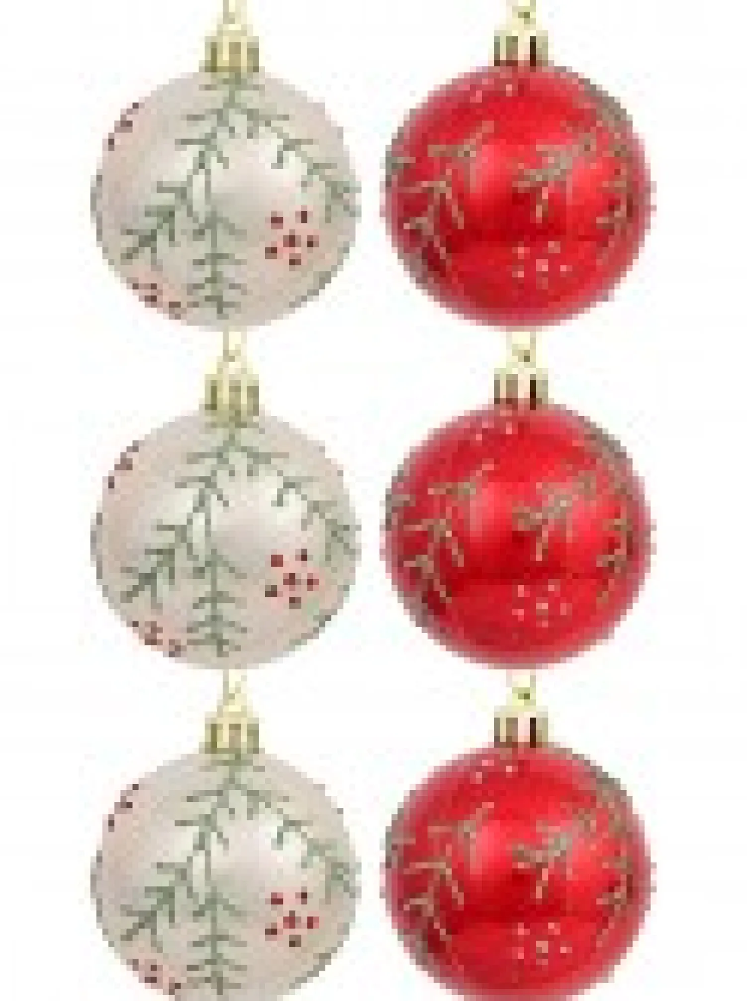 Christmas Warehouse Red & Pearl Christmas Baubles With Glittered Leaves & Dots Pattern - 6 X 60Mm> Bauble Packs