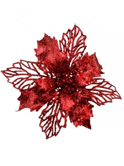 Christmas Warehouse Red Glitter Petal & Leaf Poinsettia Decorative Christmas Flower Pick - 18Cm> Christmas Picks