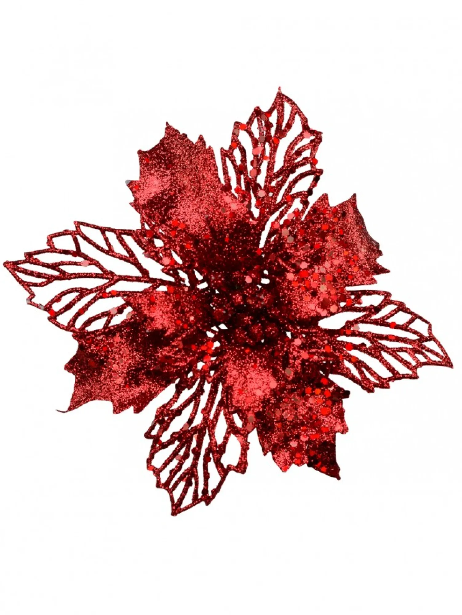 Christmas Warehouse Red Glitter Petal & Leaf Poinsettia Decorative Christmas Flower Pick - 18Cm> Christmas Picks