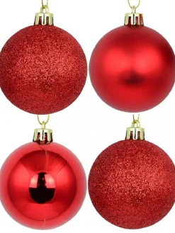 Christmas Warehouse Red Glittered, Matte & Metallic Christmas Bauble Decorations - 12 X 60Mm> Bauble Packs