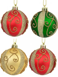 Christmas Warehouse Red, Green & Gold Baubles With Gold Filigree Pattern & Thick Stripe - 6 X 60Mm> Bauble Packs