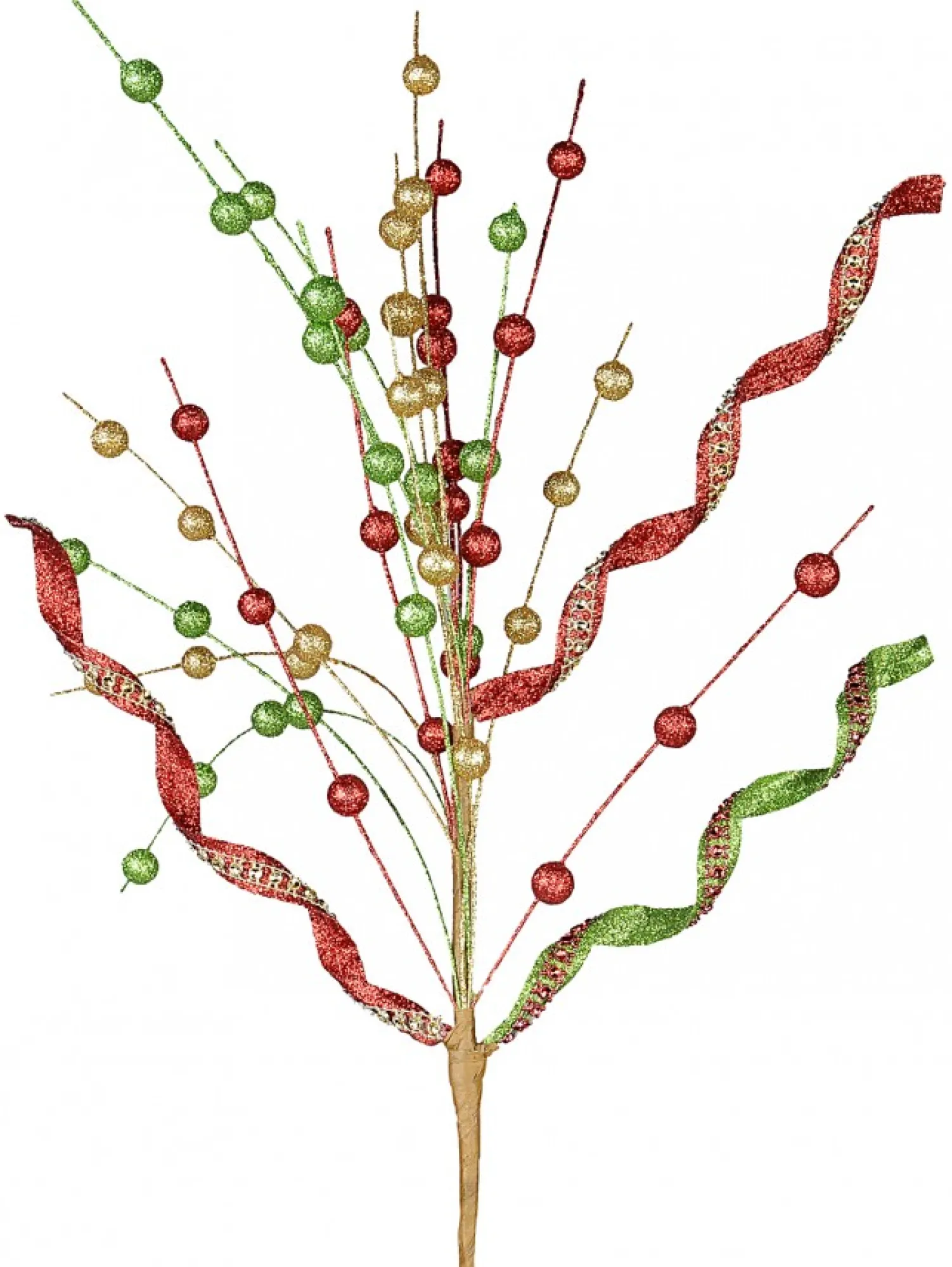 Christmas Warehouse Red, Green & Gold Glitter Balls & Curls Decorative Christmas Spray Stem - 72Cm> Christmas Stems