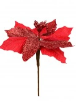 Christmas Warehouse Red Sequin & Fabric Petal Poinsettia Decorative Christmas Flower Pick - 15Cm><noscript><img width=