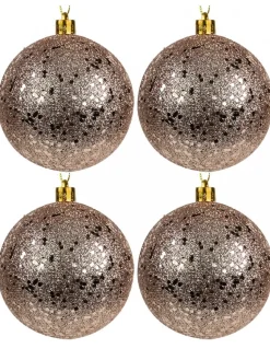 Christmas Warehouse Rose Gold Metallic Sequins & Glitter Coated Christmas Baubles - 4 X 80Mm> Bauble Packs