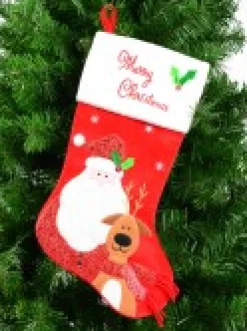 Christmas Warehouse Santa & Reindeer Applique With Font & Holly Velvet Christmas Stocking - 48Cm><noscript><img width=