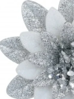 Christmas Warehouse Silver & White Glittered Lotus Flower Christmas Tree Hanging Decoration - 11Cm> Hanging Decorations - Individual