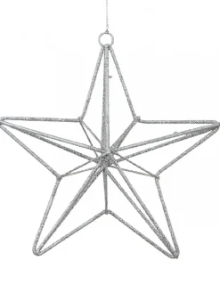 Christmas Warehouse Silver Glittered 3D Wire Framed Star Christmas Tree Hanging Decoration - 16Cm> Hanging Decorations - Individual