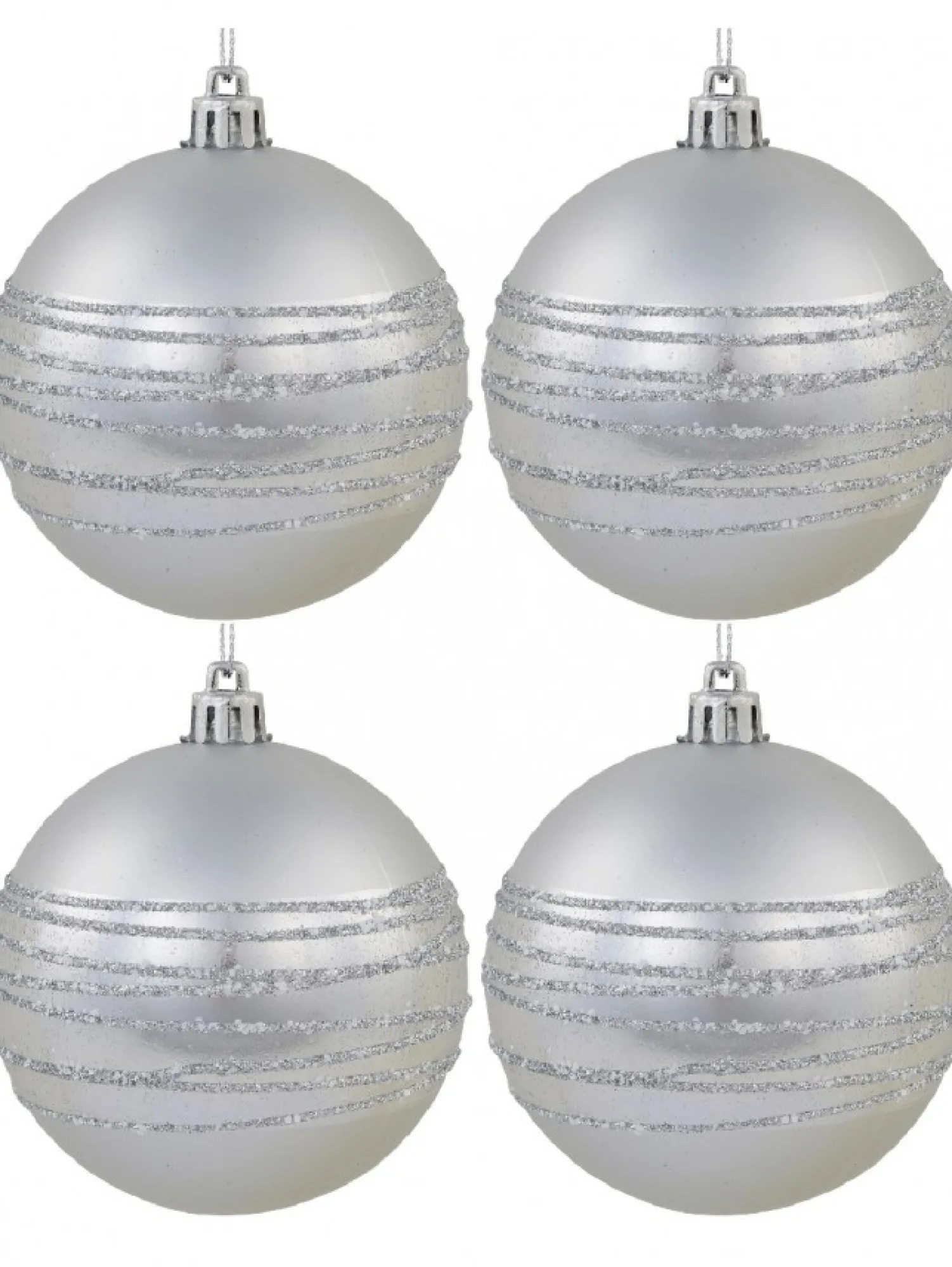 Christmas Warehouse Silver Matte Baubles With Thick Shiny & Thin Glittered Stripes - 4 X 80Mm> Bauble Packs