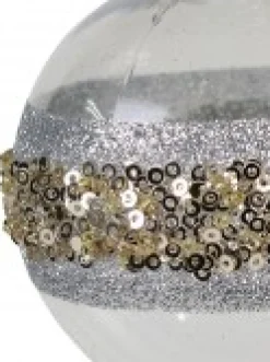Christmas Warehouse Silver Stripe Decorated Bauble Christmas Tree Hanging Decoration - 80Mm> Hanging Decorations - Individual