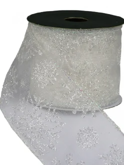 Christmas Warehouse Snowflake Pattern On Sheer White Christmas Ribbon With White Edging - 3M> Christmas Ribbon