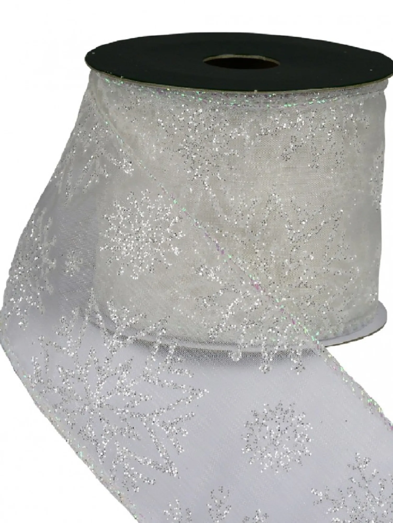 Christmas Warehouse Snowflake Pattern On Sheer White Christmas Ribbon With White Edging - 3M> Christmas Ribbon