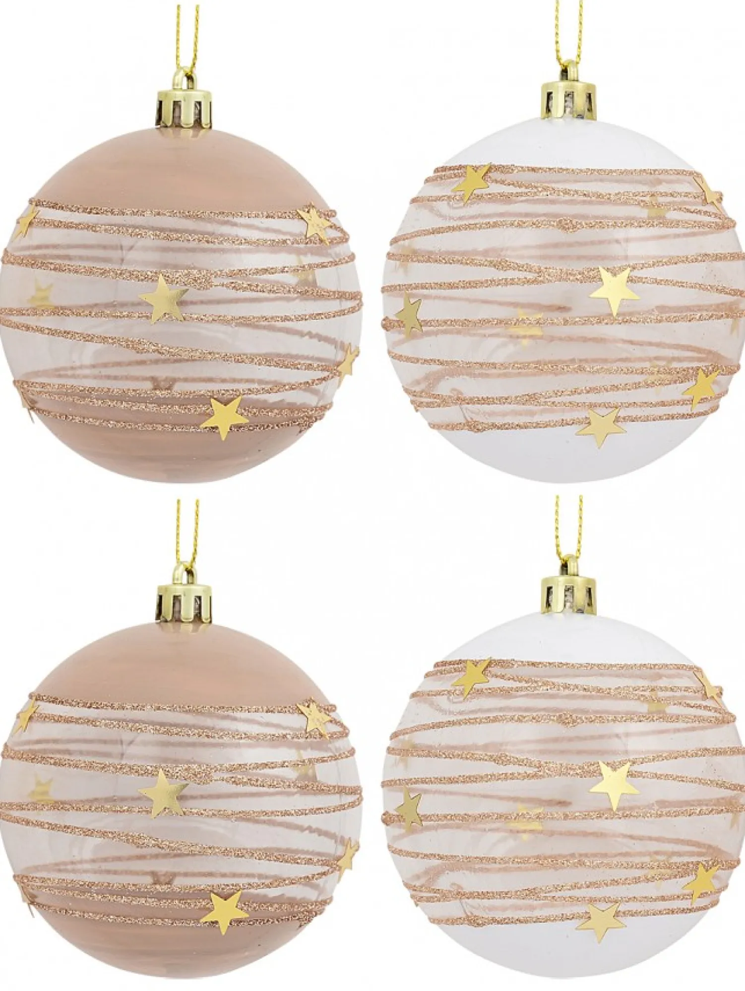Christmas Warehouse Taupe, White & Clear Baubles With Gold Stars & Glitter Lines - 6 X 60Mm> Bauble Packs