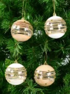 Christmas Warehouse Taupe, White & Clear Baubles With Gold Stars & Glitter Lines - 6 X 60Mm><noscript><img width=