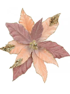 Christmas Warehouse Three Style Pink & Rose Gold Poinsettia Decorative Christmas Flower Pick - 28Cm> Christmas Picks
