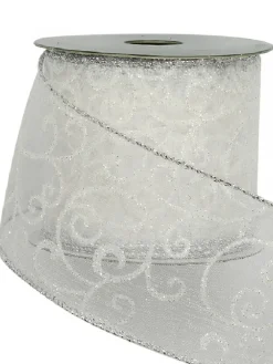 Christmas Warehouse White Filigree Pattern Organza Christmas Ribbon With Silver Edging - 3M> Christmas Ribbon