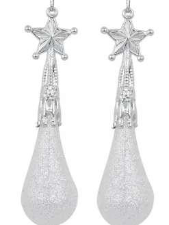 Christmas Warehouse White Glittered Teardrop Christmas Tree Hanging Decorations - 8 X 11Cm> Hanging Decorations - Packs