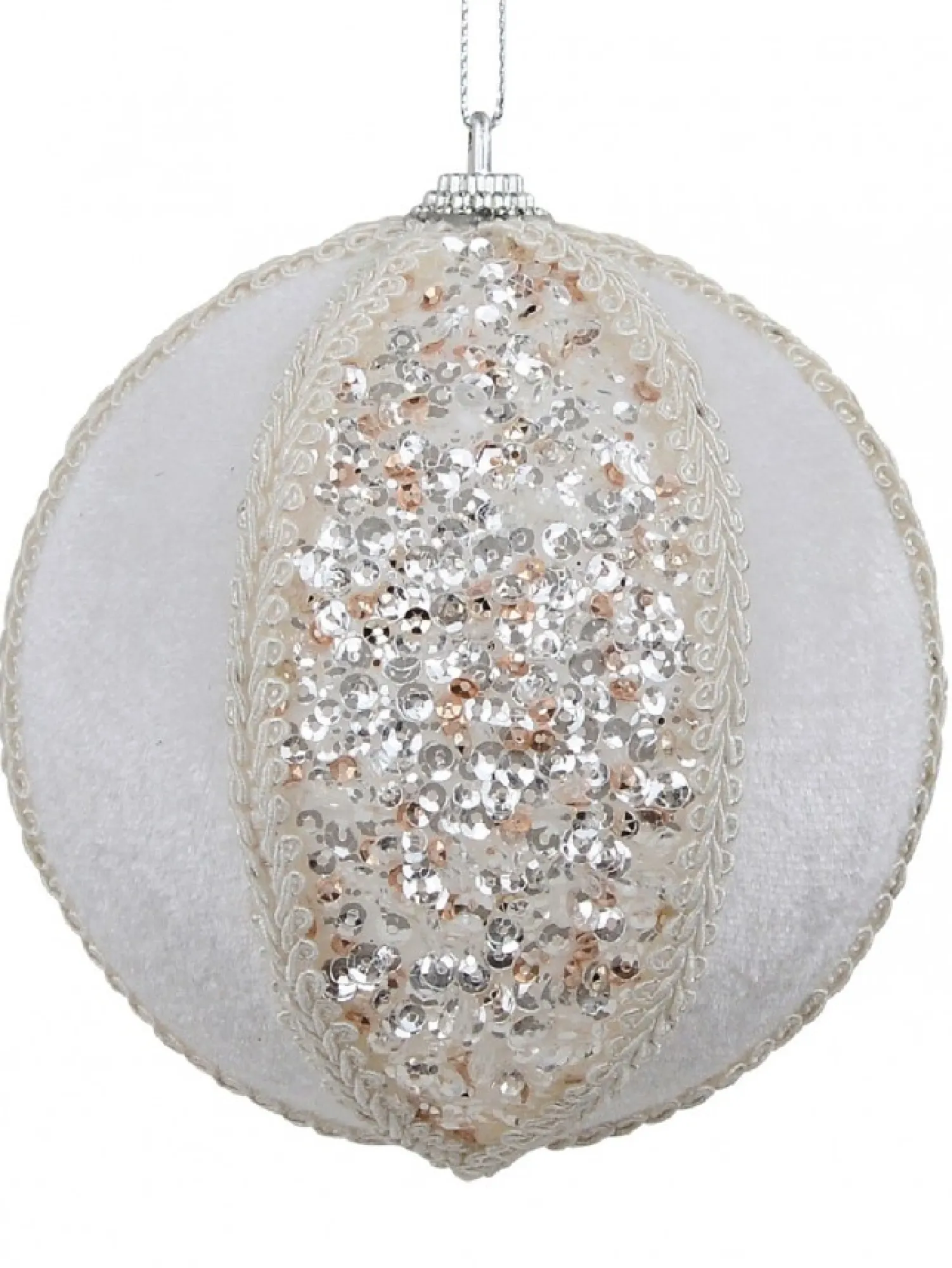 Christmas Warehouse White Sequin & Velvet Bauble Christmas Tree Hanging Decoration - 11Cm> Hanging Decorations - Individual