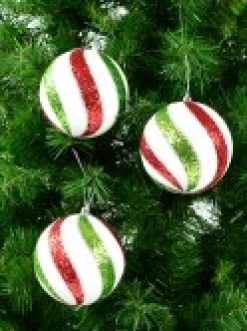 Christmas Warehouse White With Red, Green & Silver Glitter Swirl Pattern Large Baubles - 3 X 12Cm><noscript><img width=